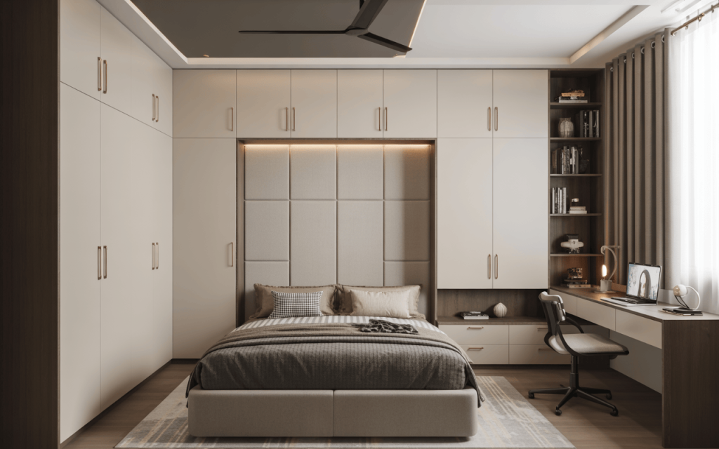 Spacious modern steel almirah design with built-in shelves and study setup