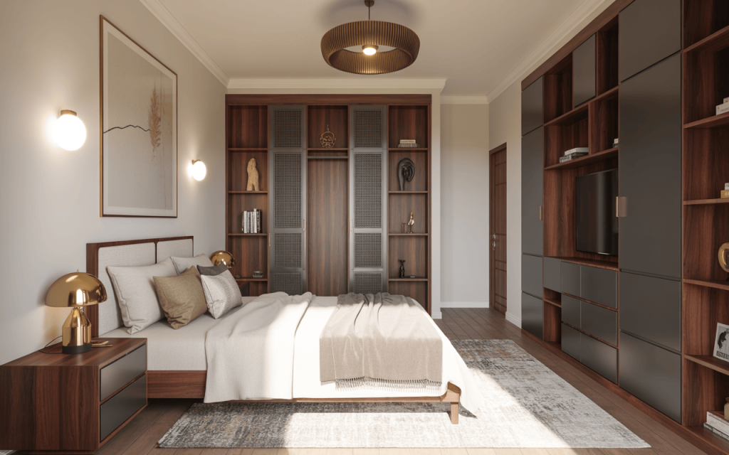 Elegant modern steel almirah design with walnut finish and open shelf storage