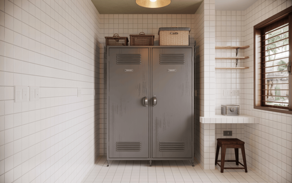 Minimalist two door steel almirah design placed in a tiled modern utility space