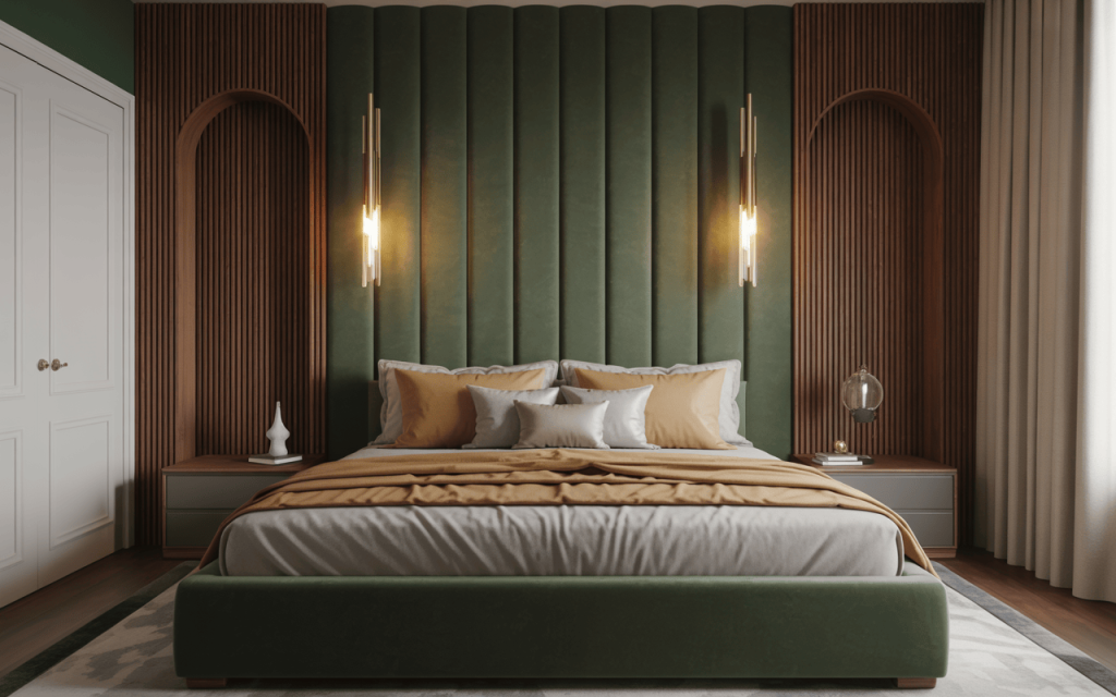 Stylish luxury modern bed design with green accent wall and warm lighting