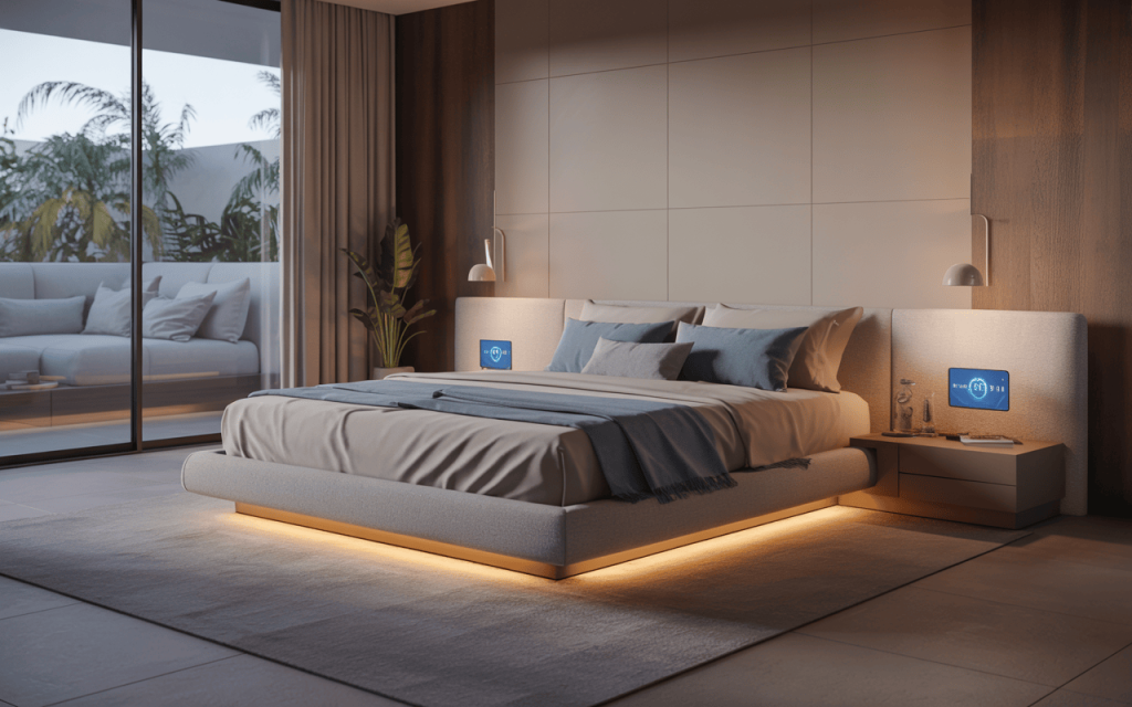 Futuristic modern luxury bed design with ambient lighting and smart side panels
