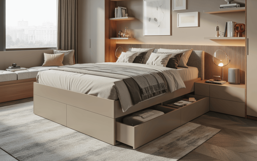 Stylish modern bed design with storage drawers and cozy neutral accents