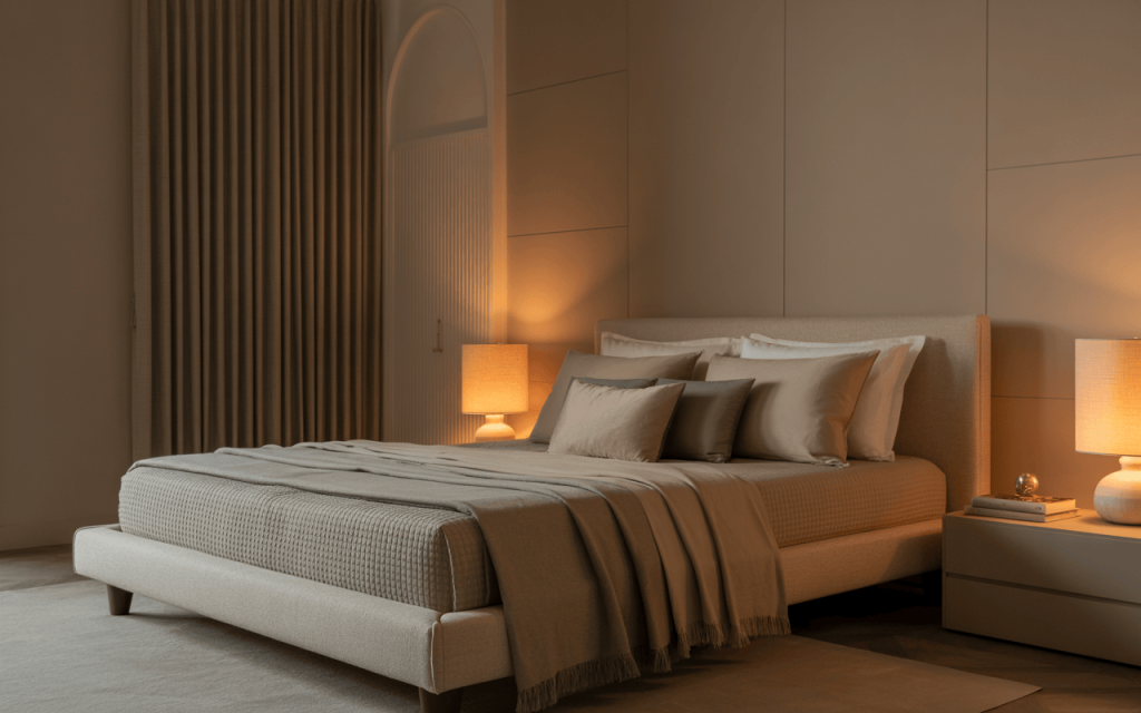 Cozy modern bed design with warm ambient lighting in a neutral tone bedroom
