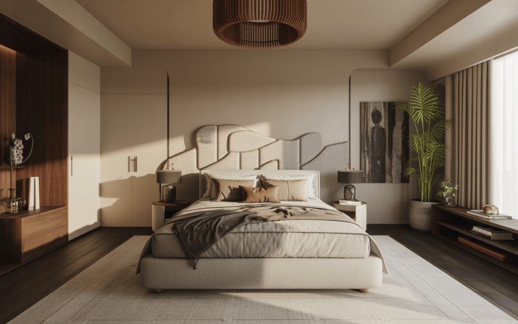 Stylish modern bed design with soft tones and artistic bedroom décor elements