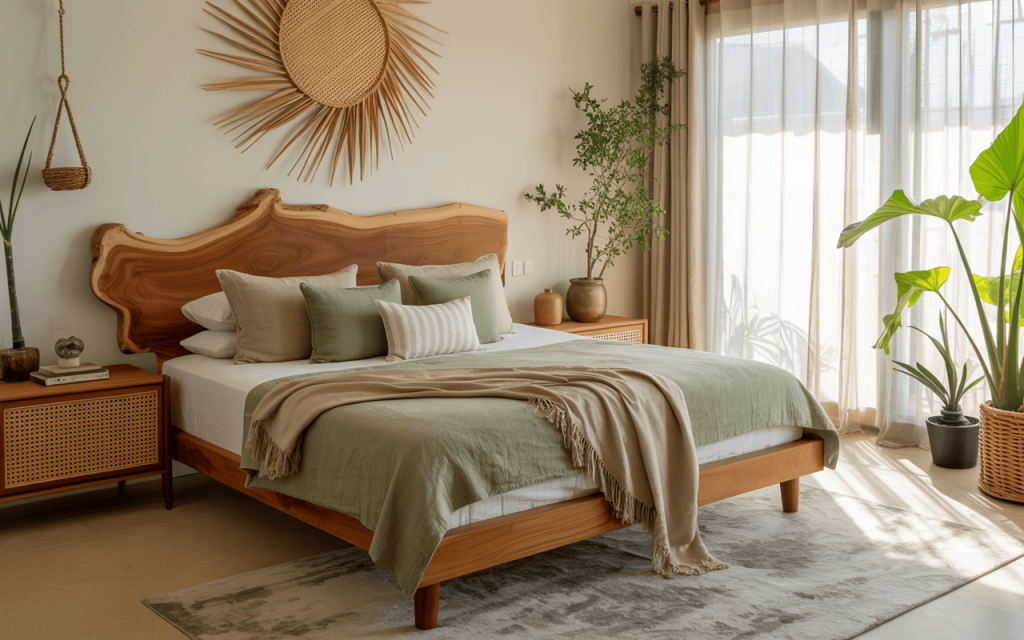 Elegant modern wooden bed design in a bright room with indoor plants and sunlight