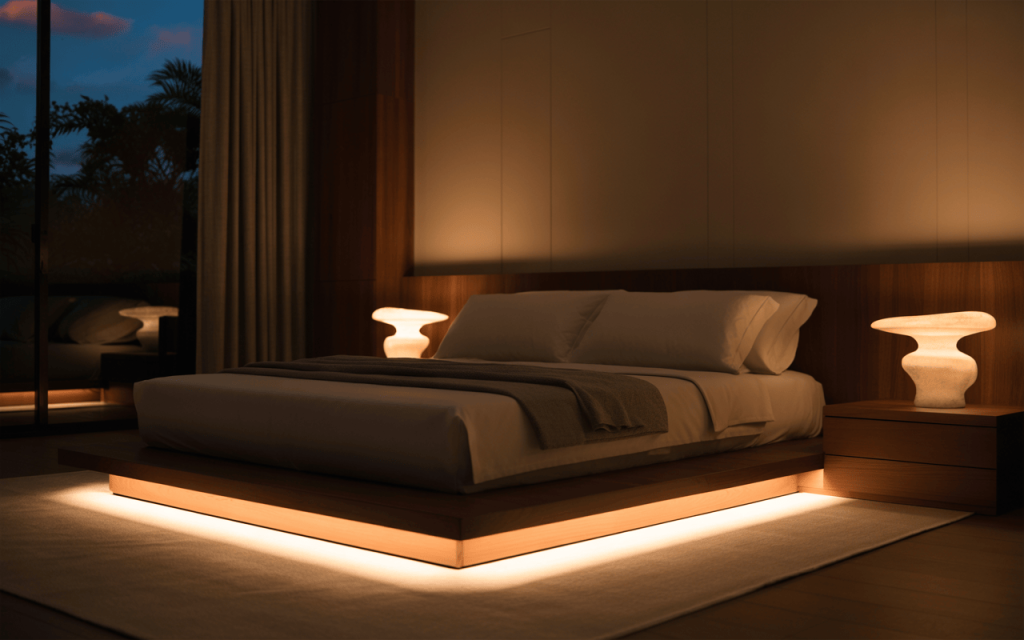 Elegant luxury modern bed design with ambient lighting and wooden platform finish