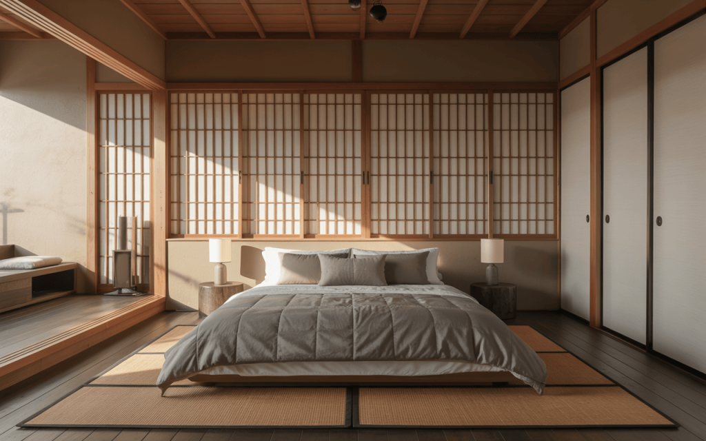 Tranquil modern bed design in a minimalist Japanese-inspired bedroom space