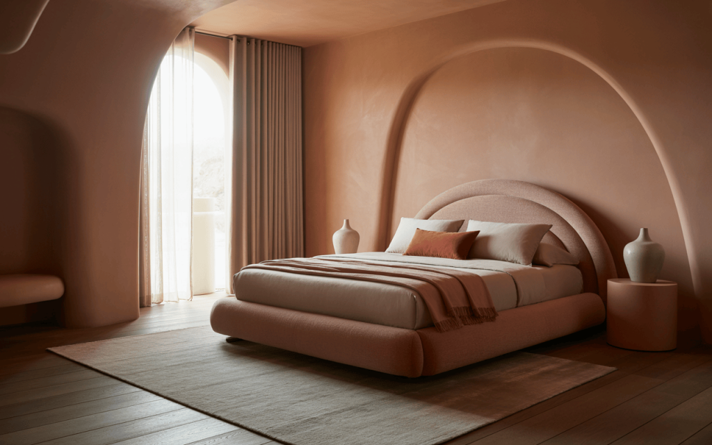 Stylish modern bed design with soft curves and elegant earthy-toned interiors