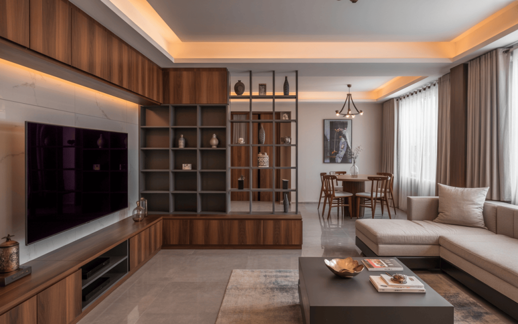 Stylish tv cabinet designs for living room with open shelf and wood finish