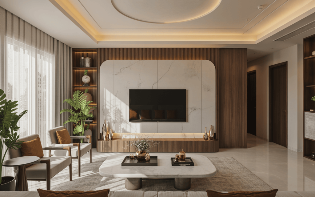 Elegant tv cabinet design with marble panel and wood tones in modern living room