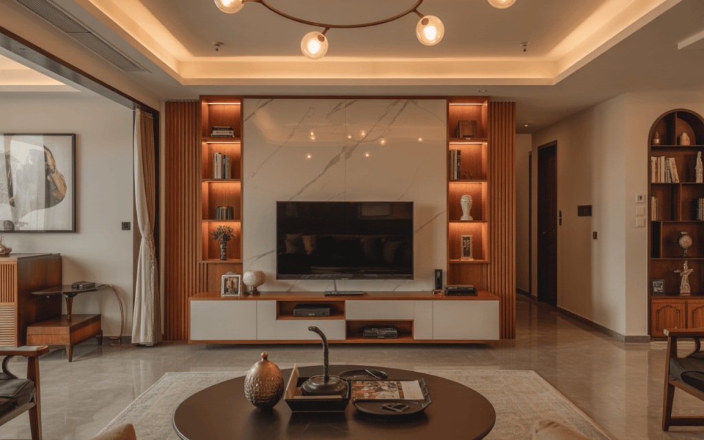 Elegant tv cabinet interior design with shelves, books, and artistic decor