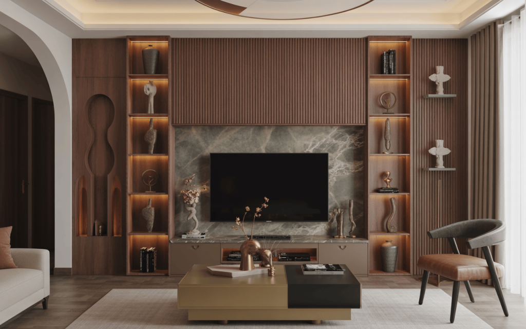 Statement tv cabinet design with marble backdrop and elegant wooden shelving