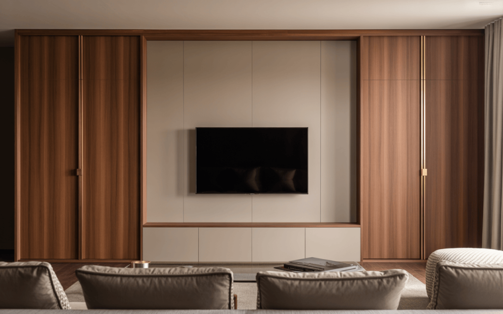 Minimalist tv cabinet design with wooden panels and sleek built-in storage