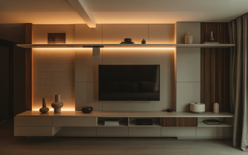 Minimalist tv cabinet interior design with ambient lighting and shelf decor
