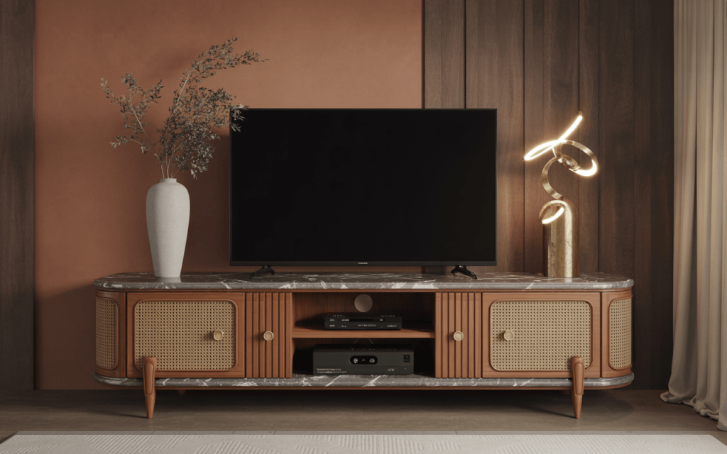Elegant tv stand cabinet design with cane doors and marble top finish
