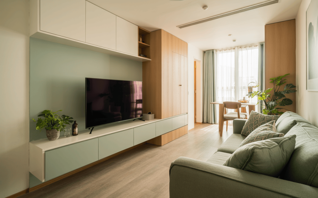 Minimalist tv cabinet design with pastel accents in a cozy living room layout