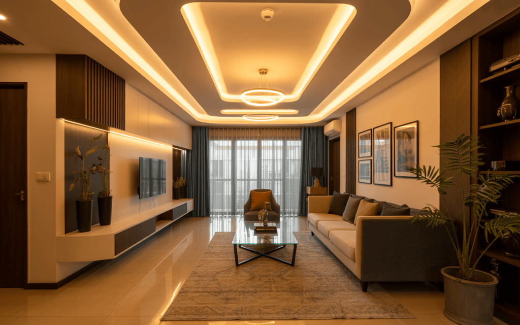 Ambient modern false ceiling design for hall with layered lighting and curves