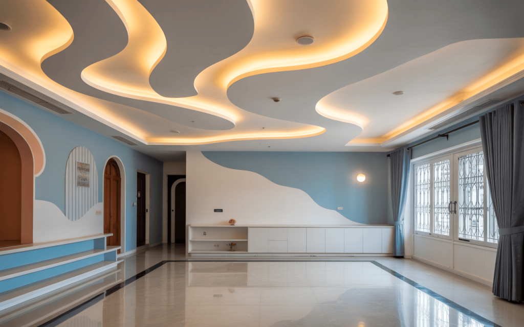 Creative unique false ceiling design for hall with wave patterns and soft lighting