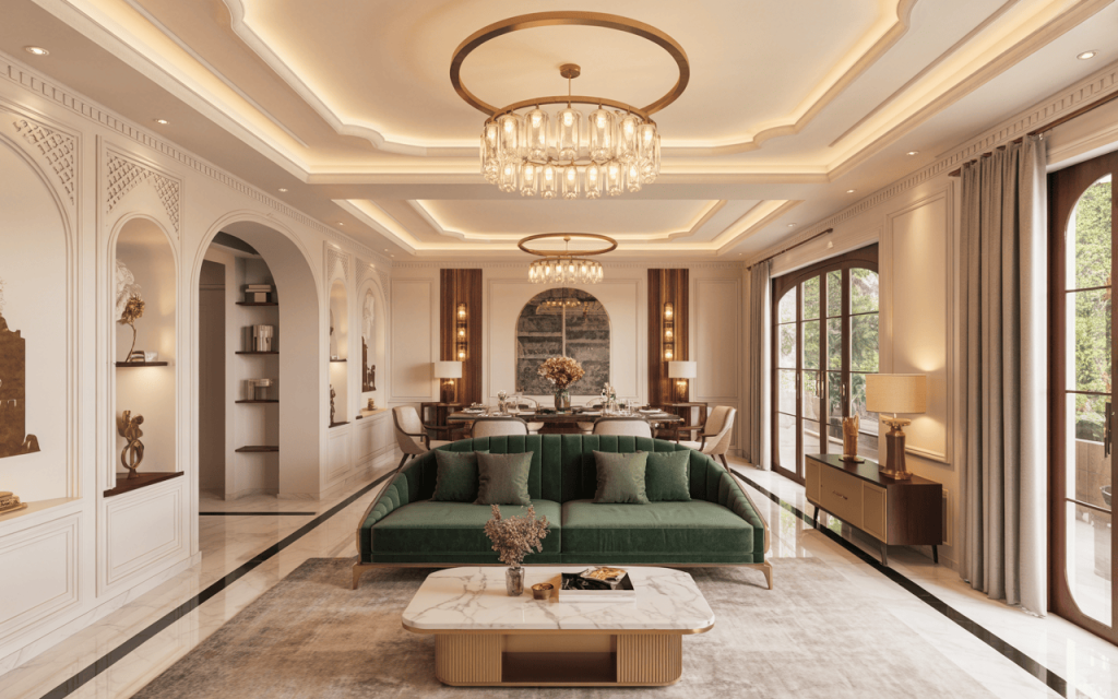 Elegant luxury false ceiling design for hall with classic interiors and chandeliers