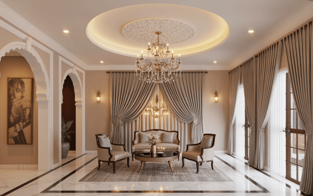 Royal luxury false ceiling design for hall with dome chandelier and ornate decor