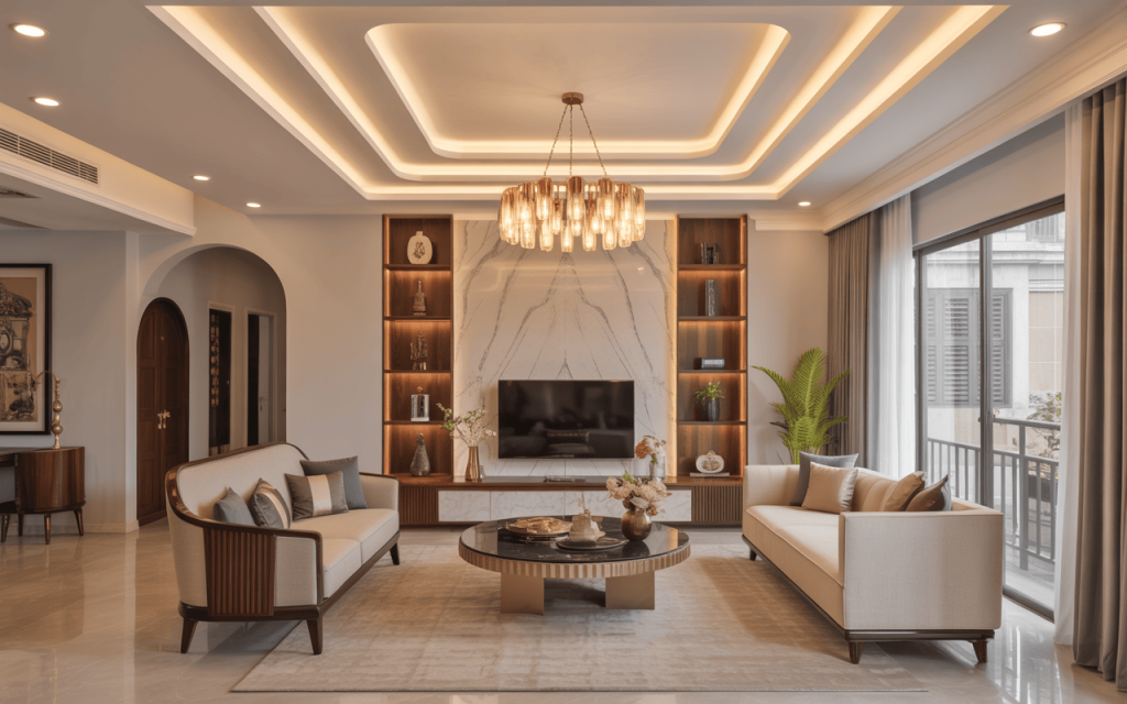 Elegant best false ceiling design for hall with recessed layers and chandelier