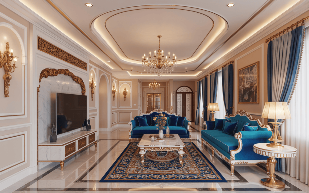Royal luxury false ceiling design for hall with gold décor and blue velvet furniture