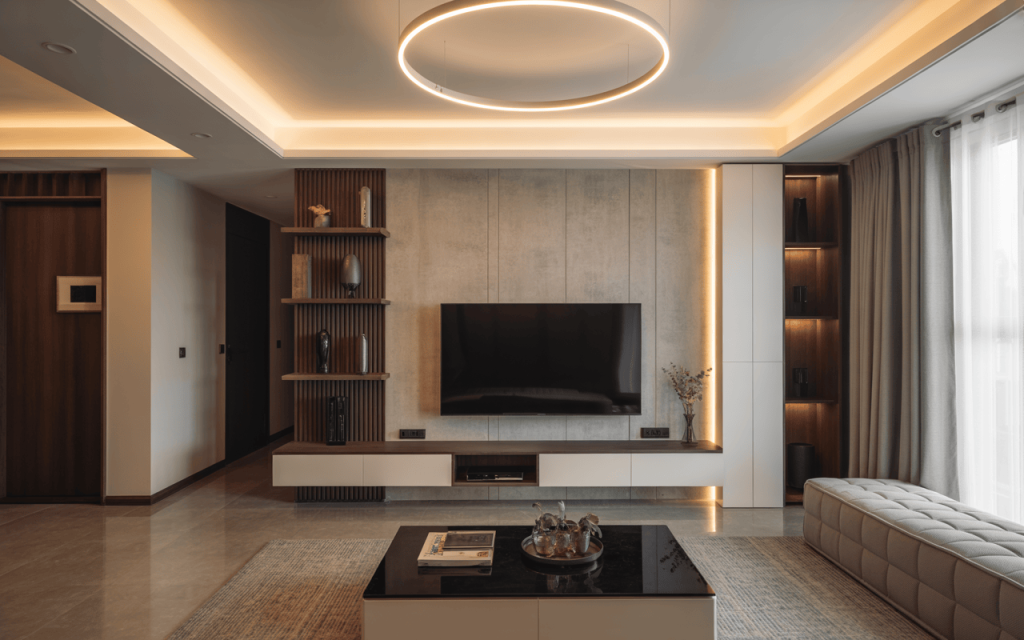 Sleek modern false ceiling design for hall with LED lighting and wall unit decor