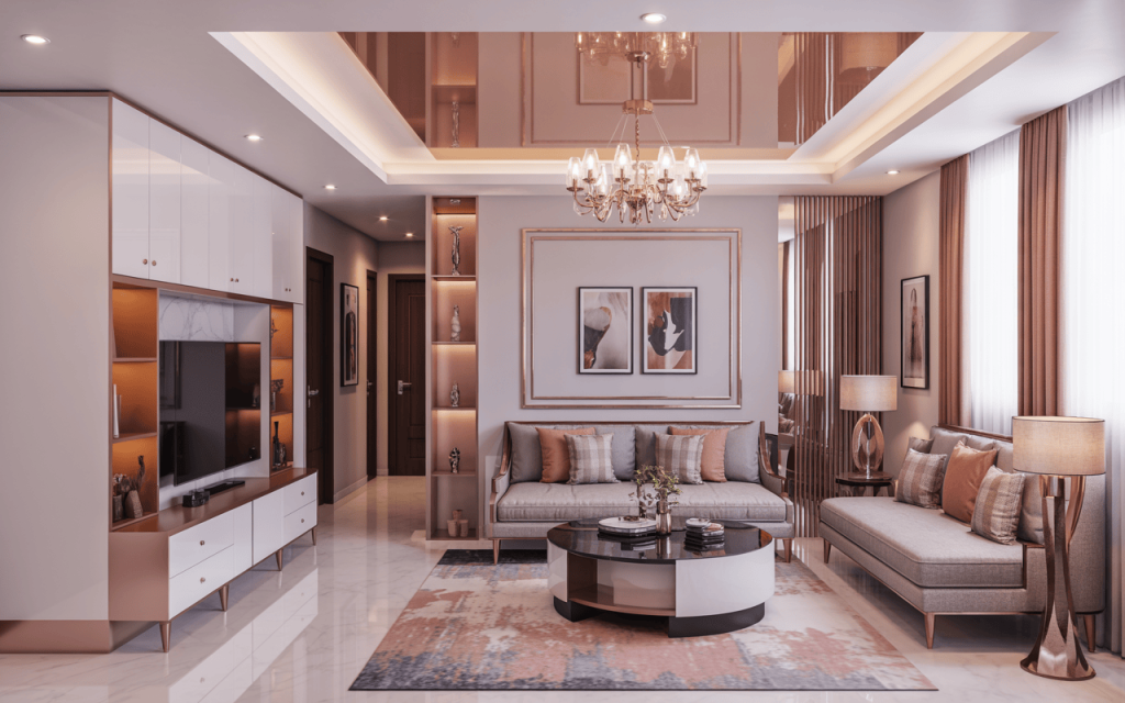 Chic modern false ceiling design for hall with chandelier and mirrored ceiling panel