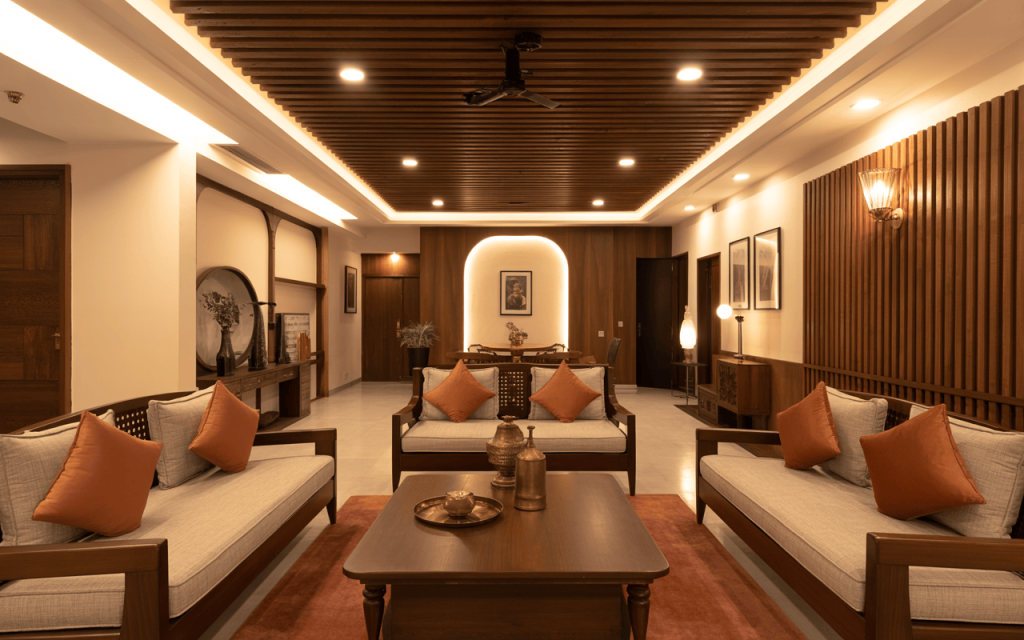 Artistic unique false ceiling design for hall with wooden slats and warm lights