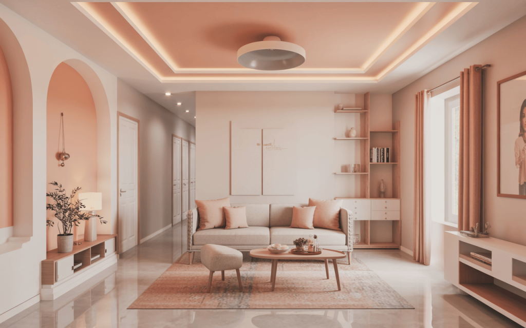 Warm simple false ceiling design for hall with peach tones and elegant decor