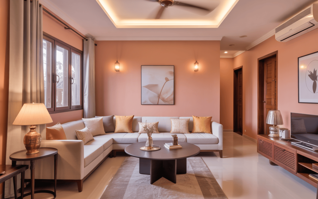 Cozy simple false ceiling design for small hall with recessed lighting and soft hues