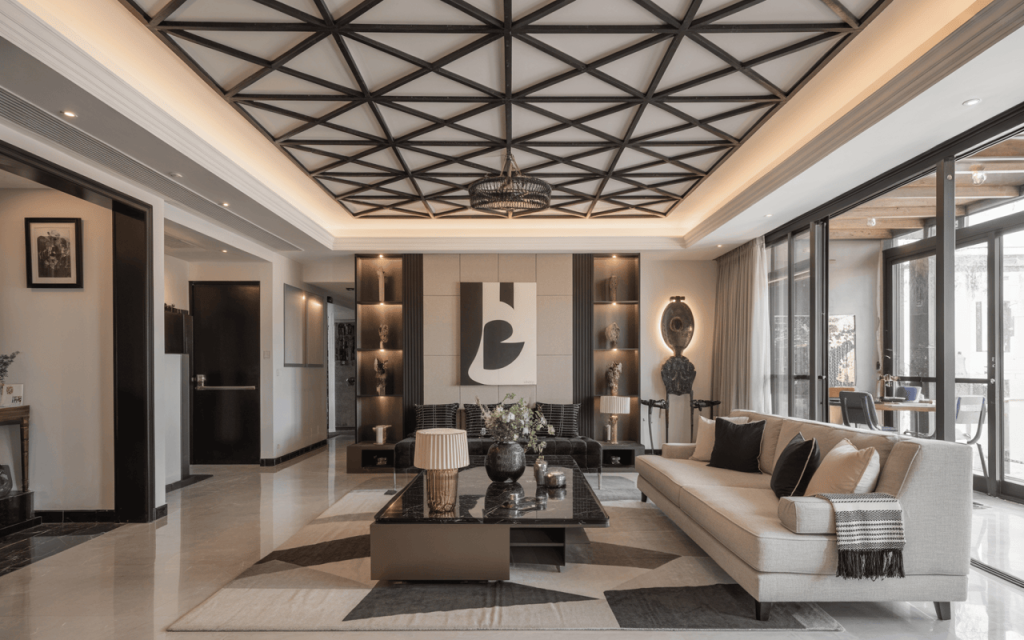 Elegant best false ceiling design for hall with bold geometric patterns and lighting