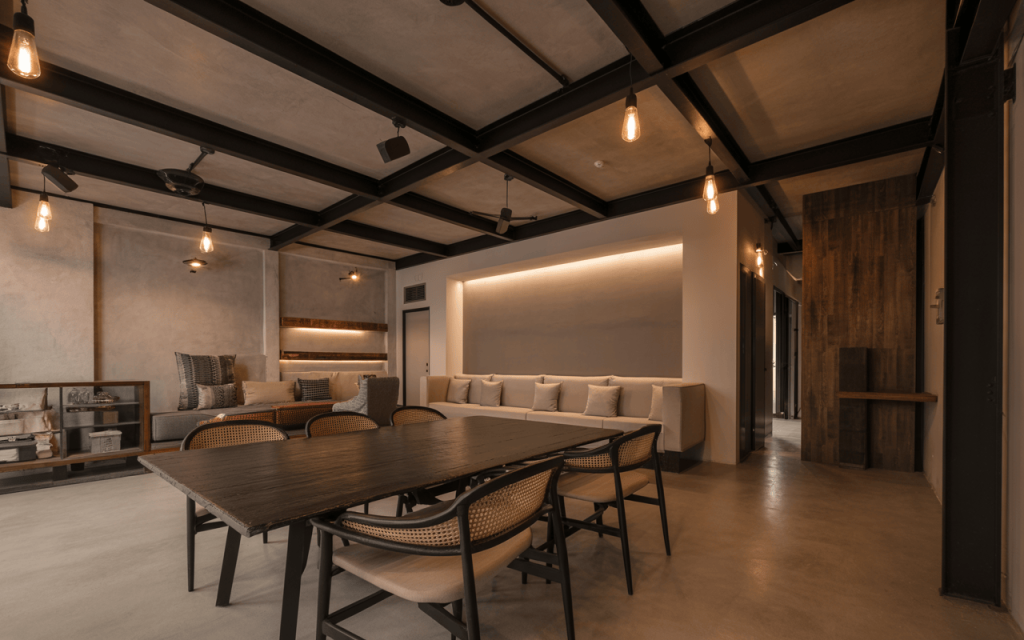 Industrial unique false ceiling design for hall with grid beams and pendant lights