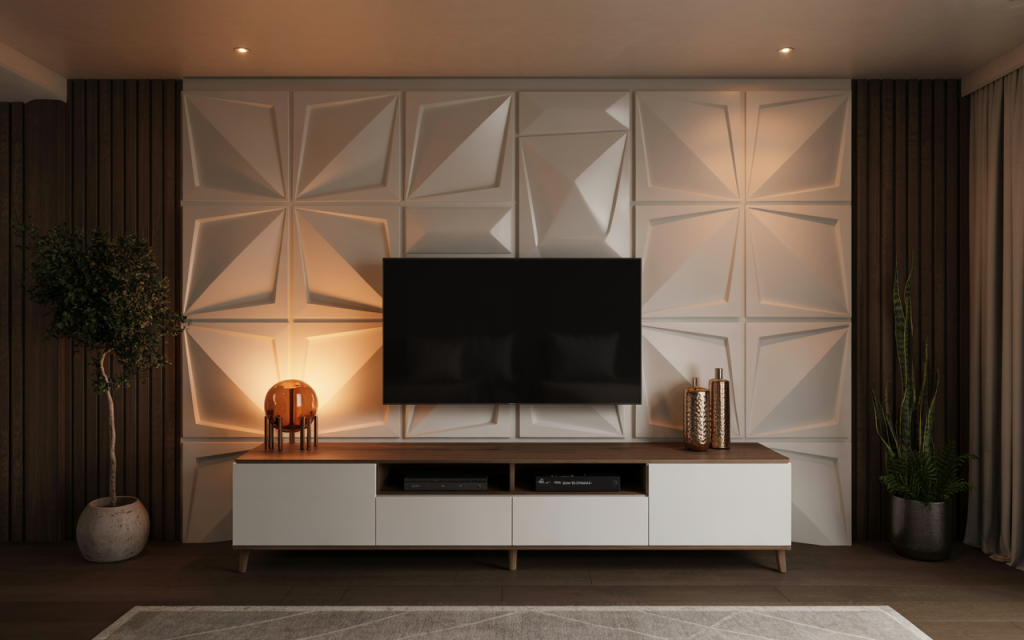 Geometric 3d pvc panel design with ambient lighting behind TV unit