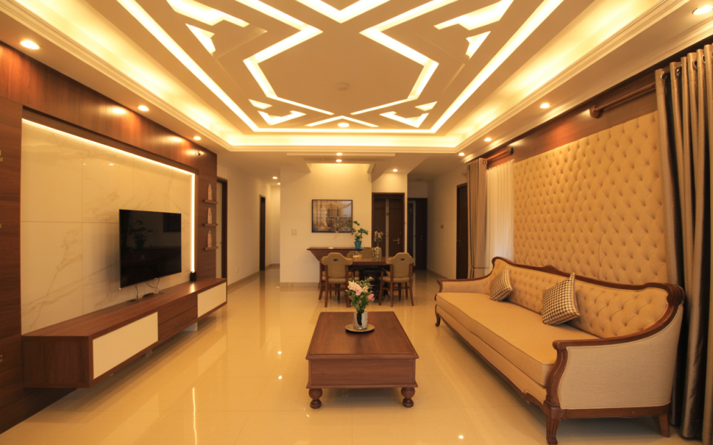 Elegant pvc panel design for ceiling with LED lights in classic modern hall