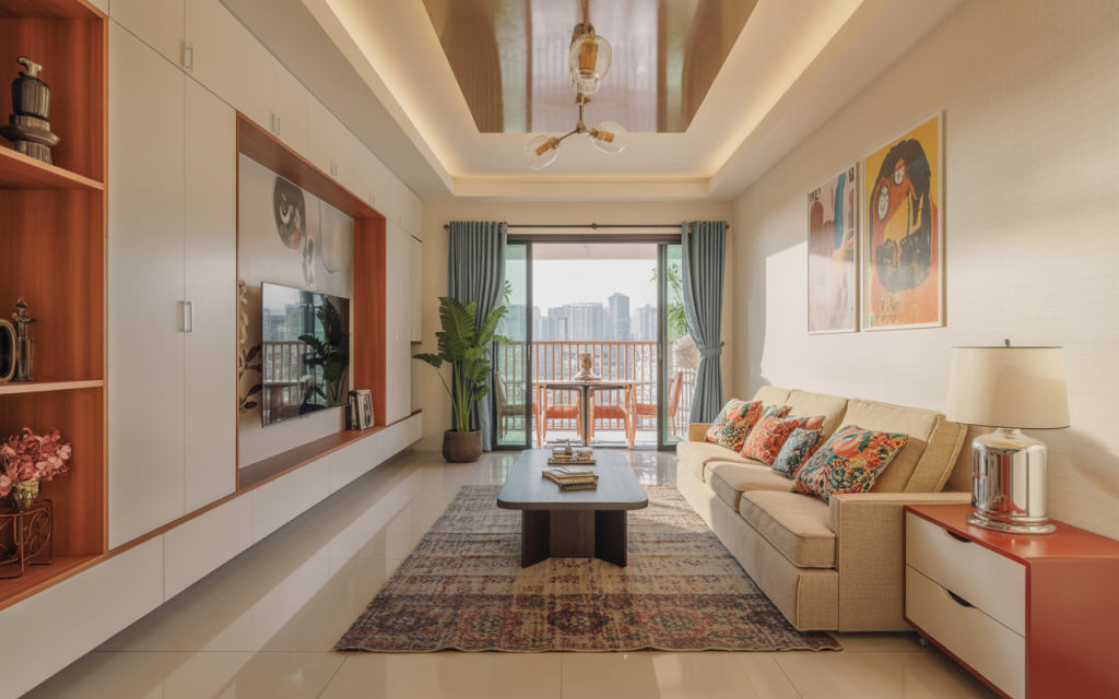 Elegant pvc panel design for ceiling in bright modern living room