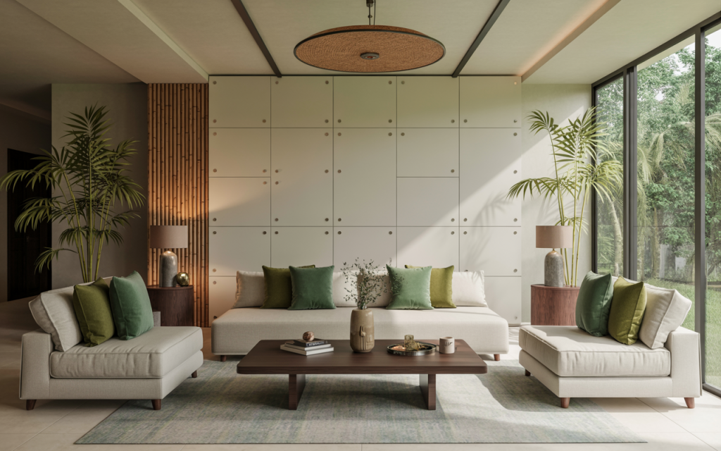 Stylish wall pvc panel design in modern living room with natural tones and decor