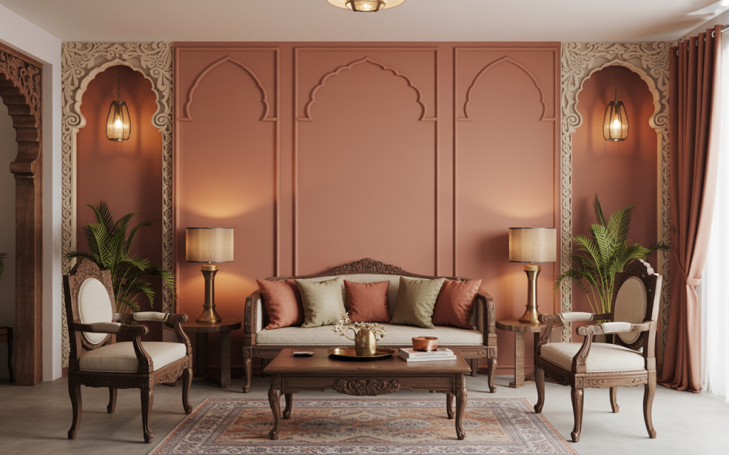 Classic wall pvc panel design with carved arches and warm ambient lighting