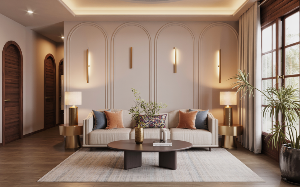 Elegant wall pvc panel design with arch details and cozy modern decor