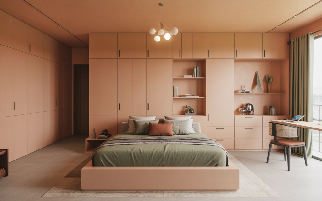 Minimalist pvc panel design for bedroom with soft peach tones and storage units