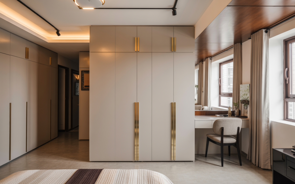 Modern bedroom pvc panel design with sleek wardrobes and warm ceiling finish