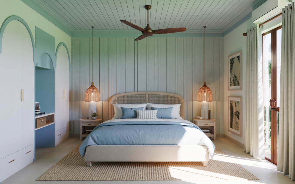 Elegant bedroom pvc panel design with soft blue tones and cozy lighting