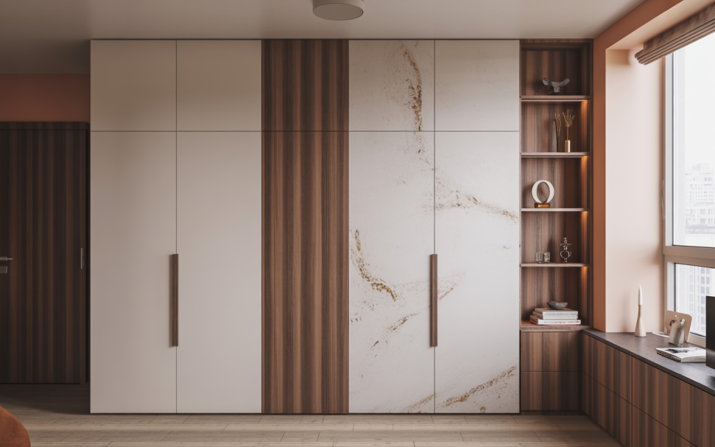 Modern bedroom pvc panel design with wood grain and marble finish wardrobe