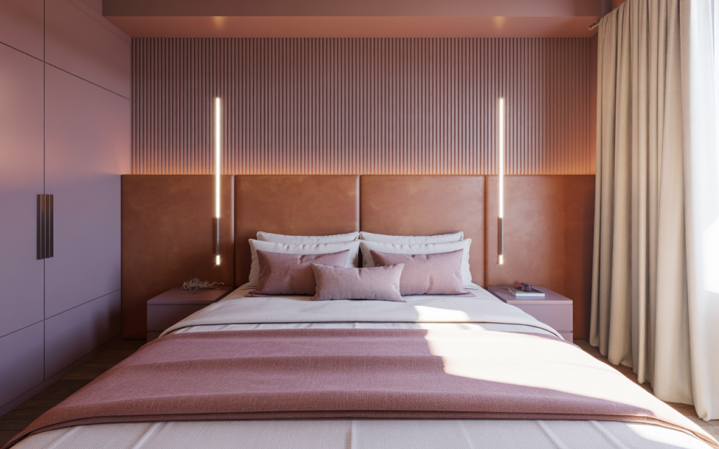 Cozy bedroom pvc panel design with fluted textures and ambient lighting