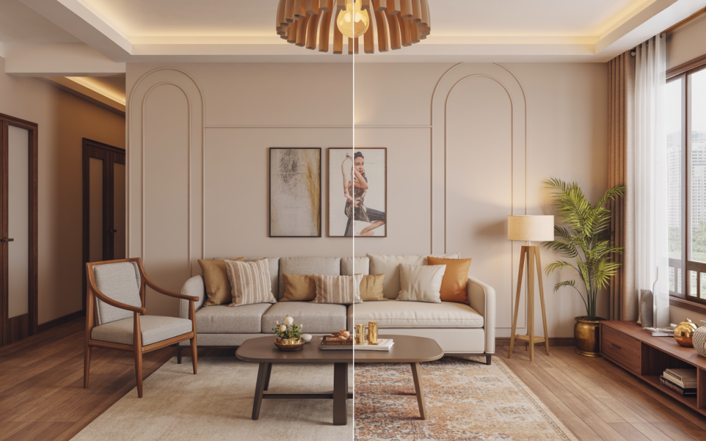 Elegant wall pvc panel design in modern living room with warm neutral tones