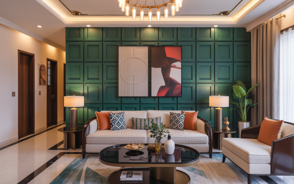 Elegant wall pvc panel design in green with modern luxury living room decor