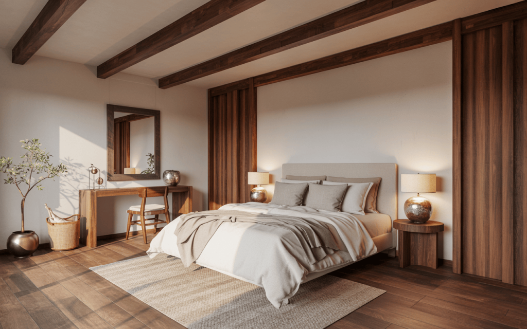 Warm classic bedroom ceiling design with exposed wooden beams and cozy decor