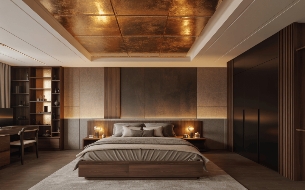 Elegant luxury bedroom ceiling design with golden panels and wood interiors