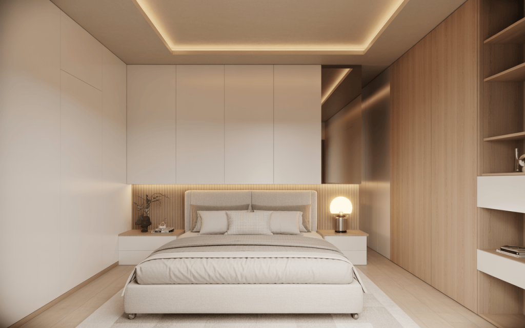 Minimal modern bedroom ceiling design with clean lines and ambient lighting