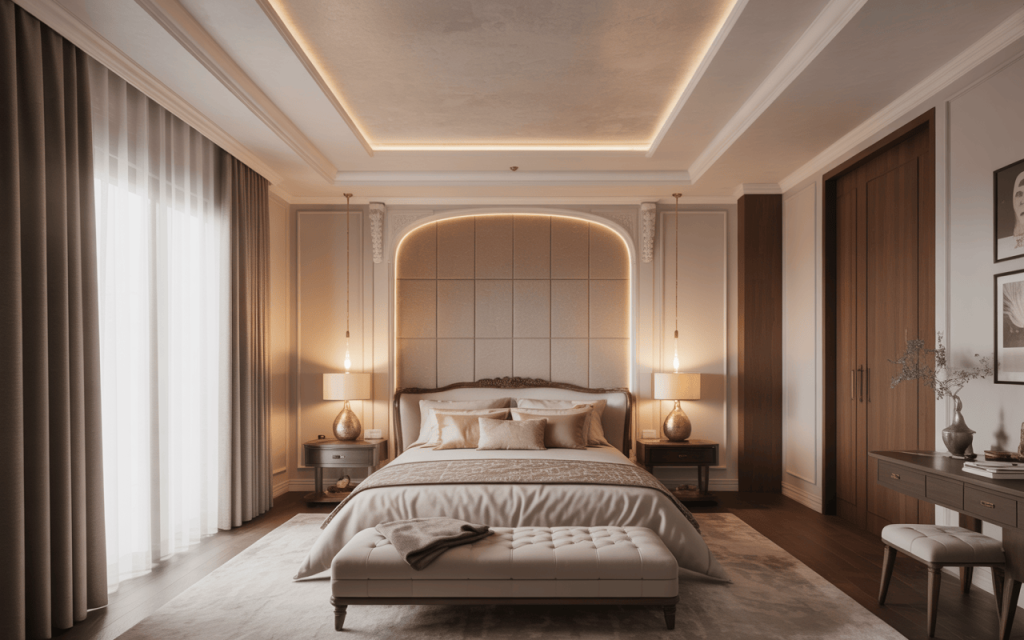 Elegant luxury bedroom ceiling design with soft lighting and premium finishes